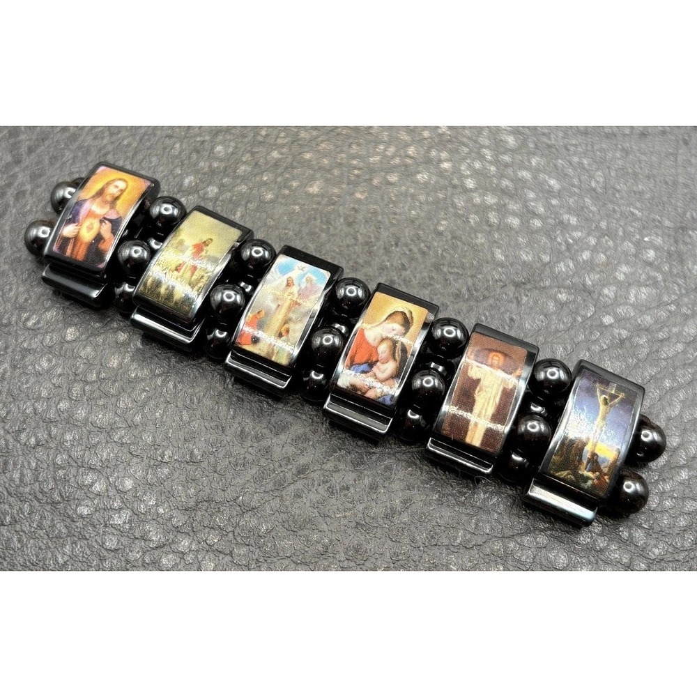 Religious Icon Stretch Bracelet Hematite Beads Jesus Mary Saints Panels